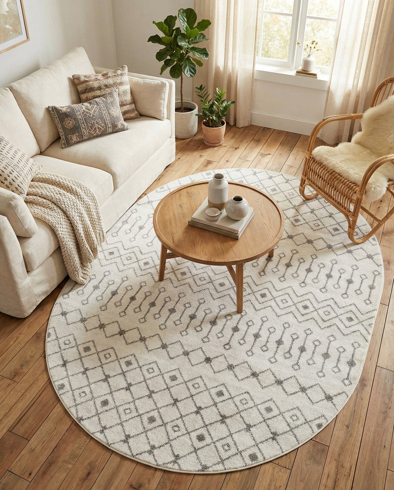 Mediterranean Lattice Collection Area Rug - Santorini (Ivory and Gray) Oval Ivory and Gray  lifestyle 39