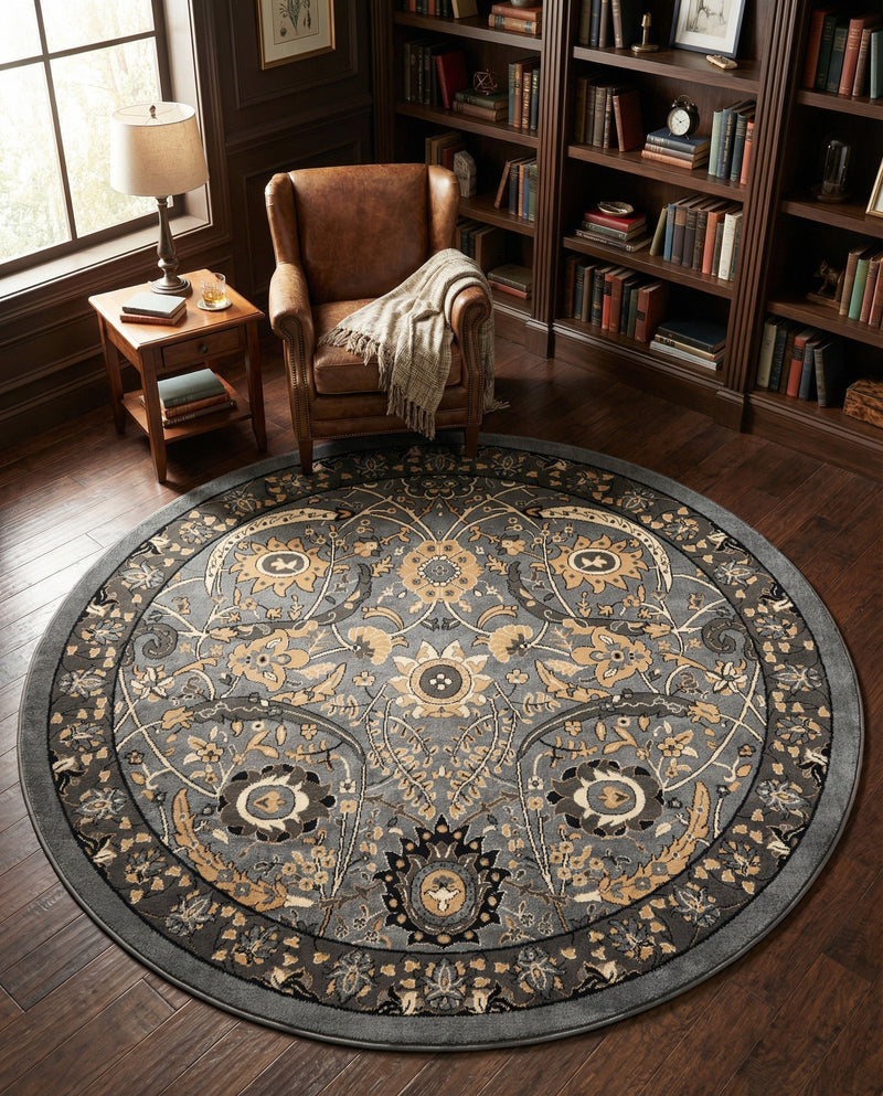 Tabriz Tapestry Collection Area Rug - Sahand (Dark Gray) Round Dark Gray  lifestyle 47