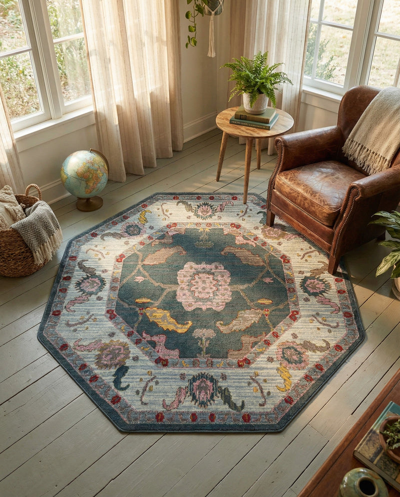 Arcadia Rugs Collection Area Rug - Eden (Gray and Blue) Octagon Gray and Blue  lifestyle 51