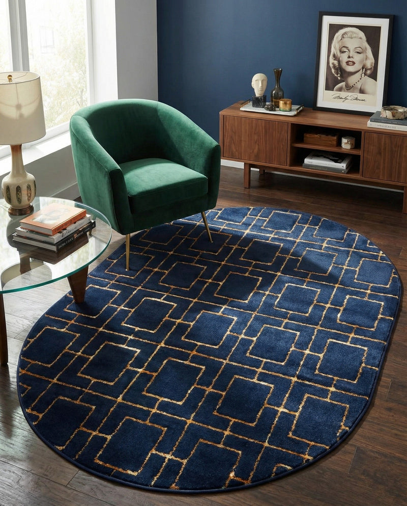 Hollywood Luxe Collection Area Rug -  Beverly (Navy Blue Gold) Oval Navy Blue Gold  lifestyle 61