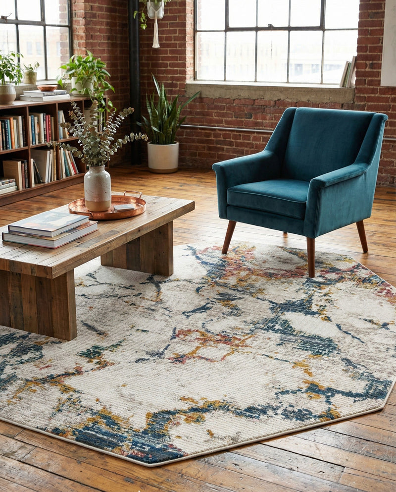 Jewel Oasis Collection Area Rug -  Opaline Octagon White Navy  lifestyle 71