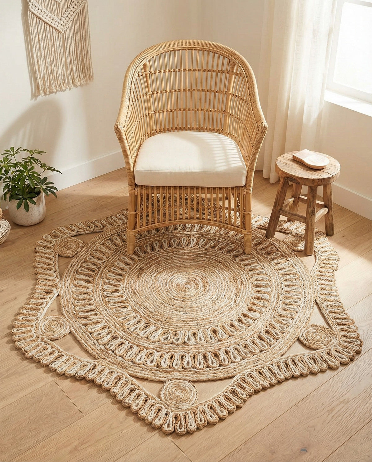Woven Seaside Jute Collection Area Rug - Nantucket Round Natural and White  lifestyle 72