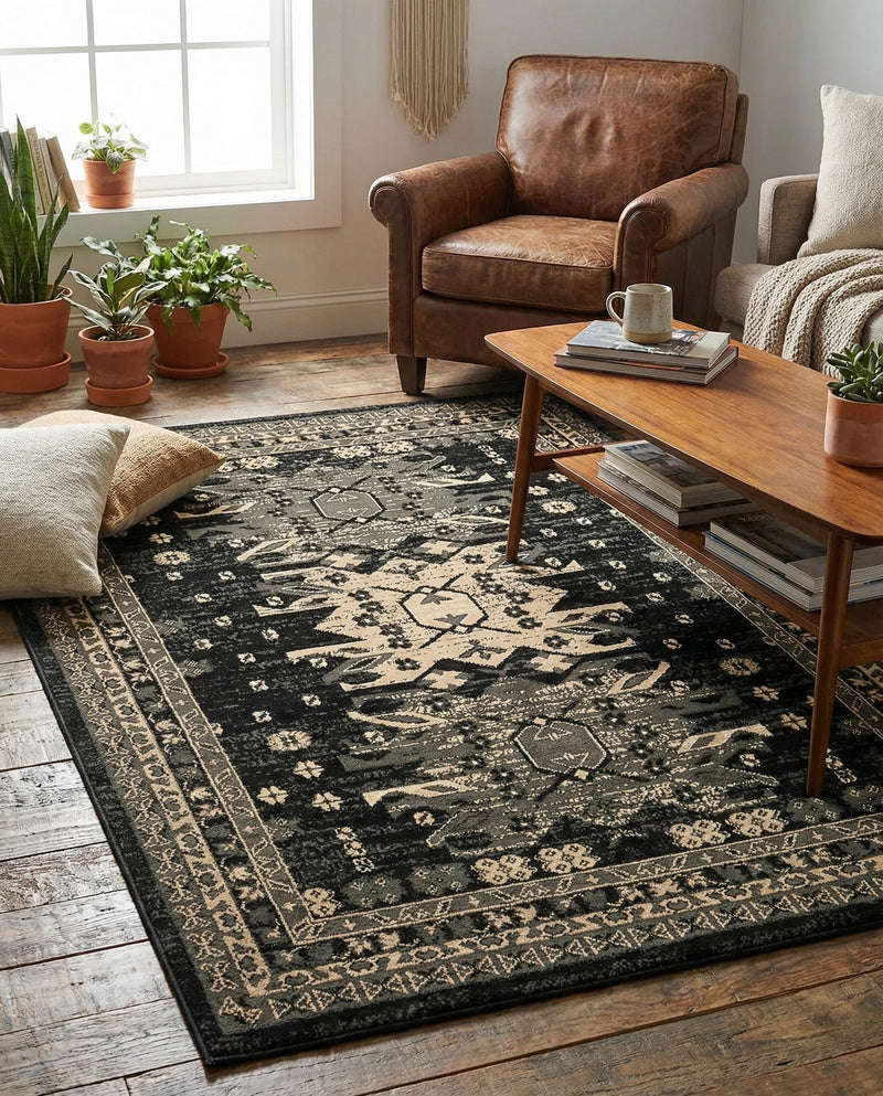 Tabriz Tapestries Collection Area Rug - Azerbaijan (Black) Rectangle Black  lifestyle 21