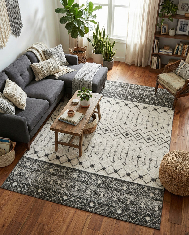 Mediterranean Lattice Collection Area Rug -  Casablanca (Ivory and Gray) Rectangle Ivory and Gray  lifestyle 9