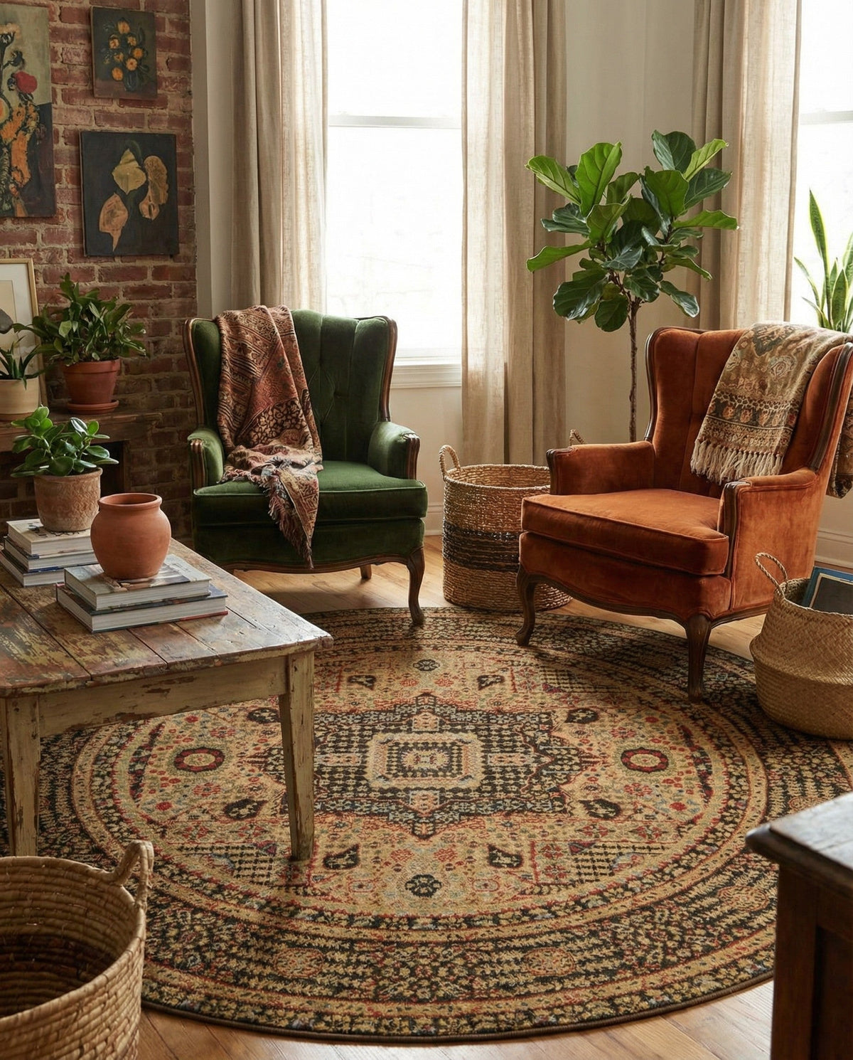 Ottoman Elegance Collection Area Rug - Sultan Round Brown  lifestyle 180