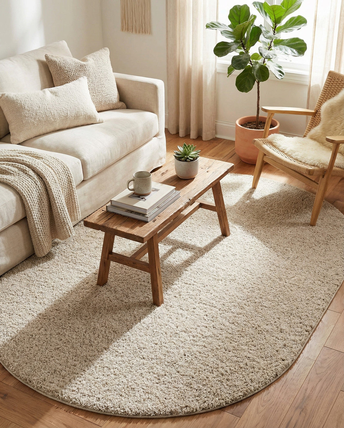 Cozy Comfort Shag Collection Area Rug - Haven (Oatmeal Beige) Oval Oatmeal Beige  lifestyle 99