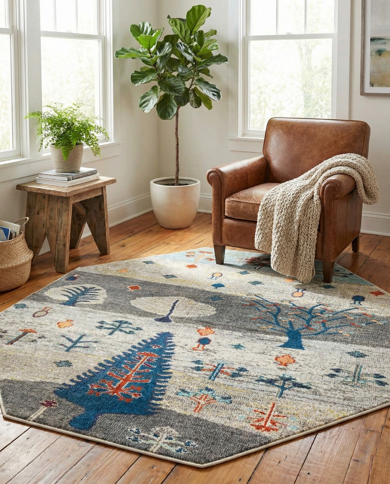 Colorburst Oasis Collection Area Rug -  Mosaic Octagon Ivory Gray Blue  lifestyle 64