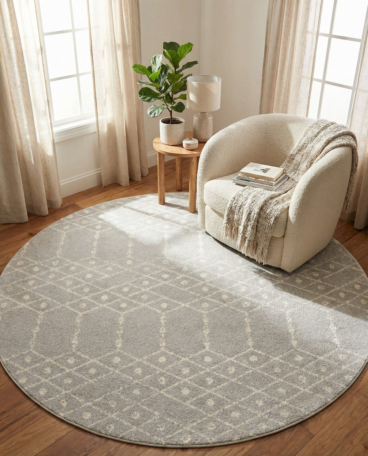 Marrakesh Lattice Collection Area Rug - Casablanca (Light Gray) Round Light Gray  lifestyle 87