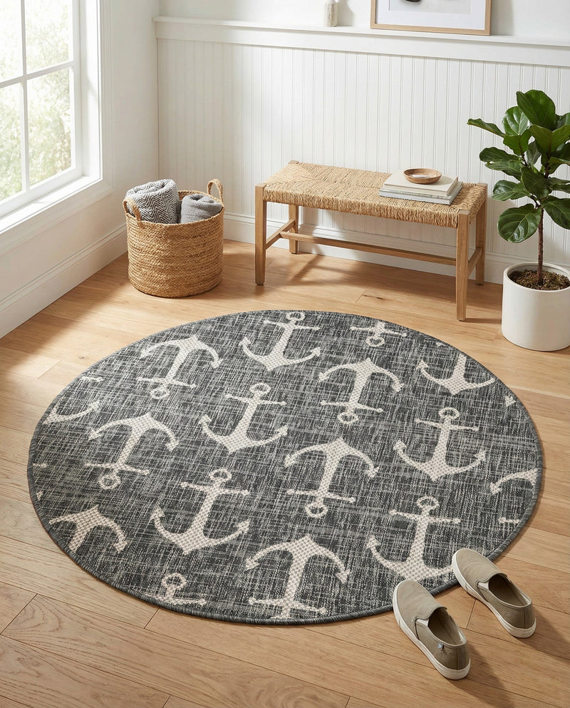 Seaside Haven Rugs Collection Area Rug - Sapphire (Charcoal) Round Charcoal  lifestyle 44