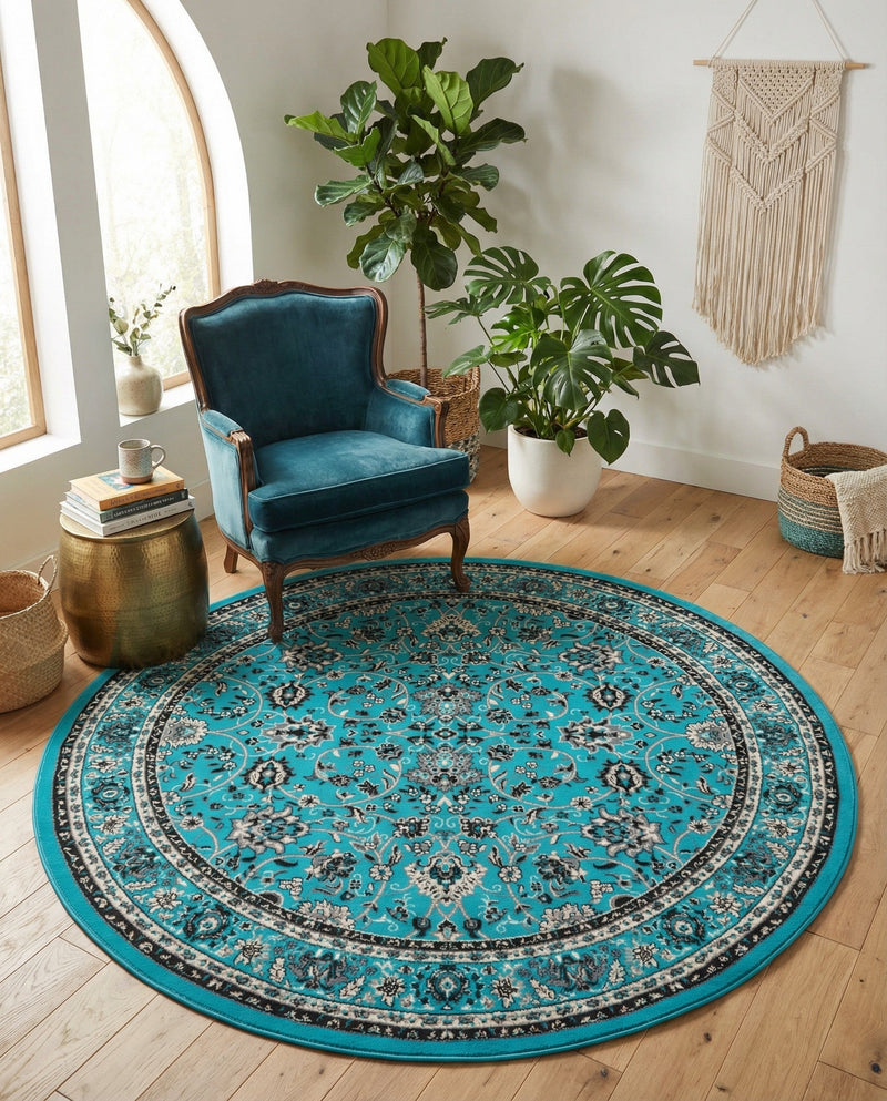 Isfahan Elegance Collection Area Rug - Naghsh-e Jahan (Turquoise) Round Turquoise  lifestyle 25