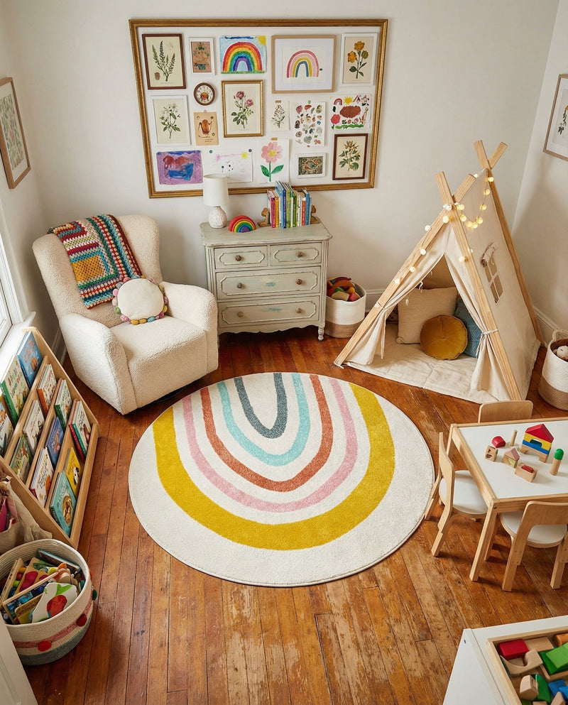 Wonder Tykes Collection Area Rug -  Illusion Round Ivory  lifestyle 44