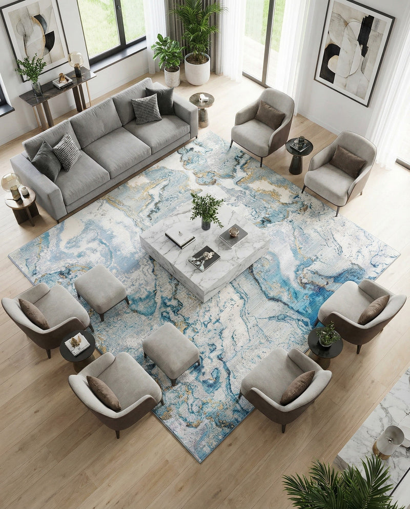 Urban Terrace Collection Area Rug -  Vertex Square Blue and Ivory  lifestyle 64
