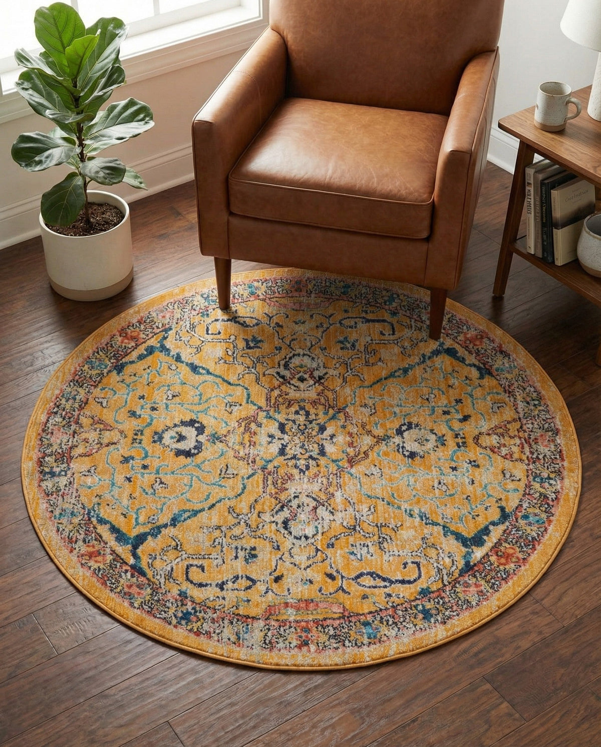 Seville Stripes Collection Area Rug -  Malaga (Yellow) Round Yellow  lifestyle 91