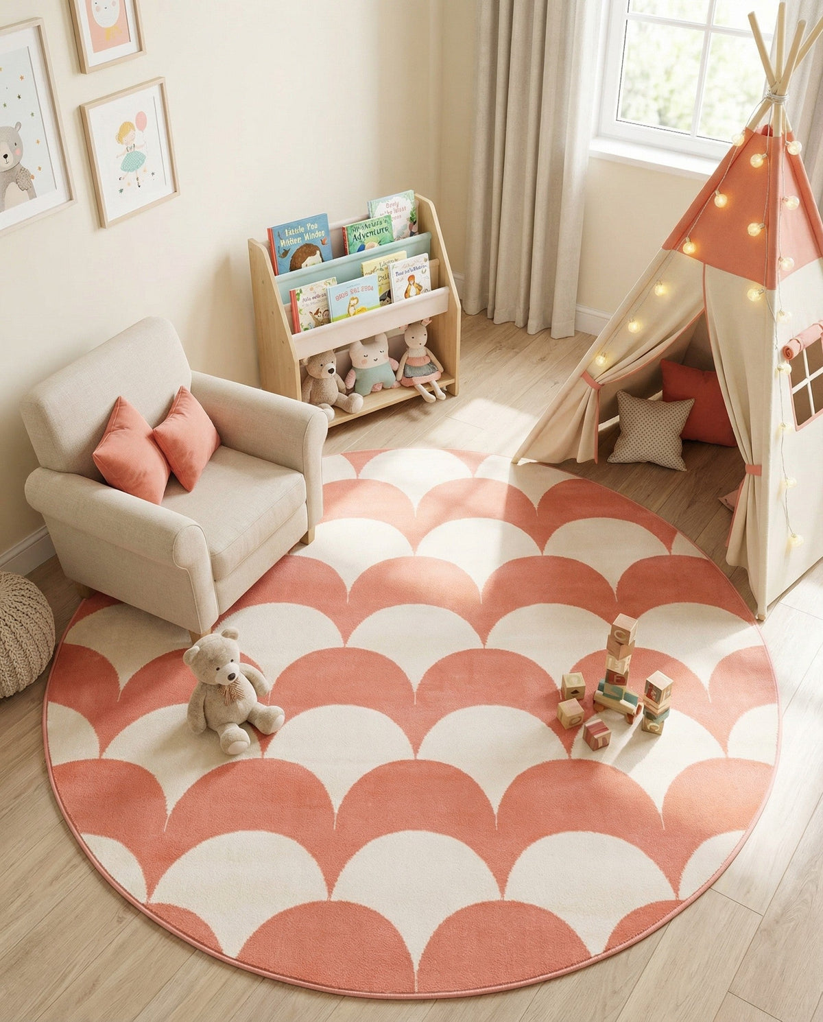 Wonder Tykes Collection Area Rug - Sparklewood Round Soft Coral Pink  lifestyle 149