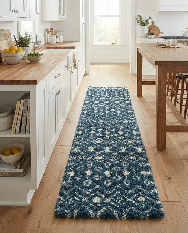 Berber Lattice Shag Collection Area Rug - Atlas (Navy Blue) Runner Navy Blue  lifestyle 61