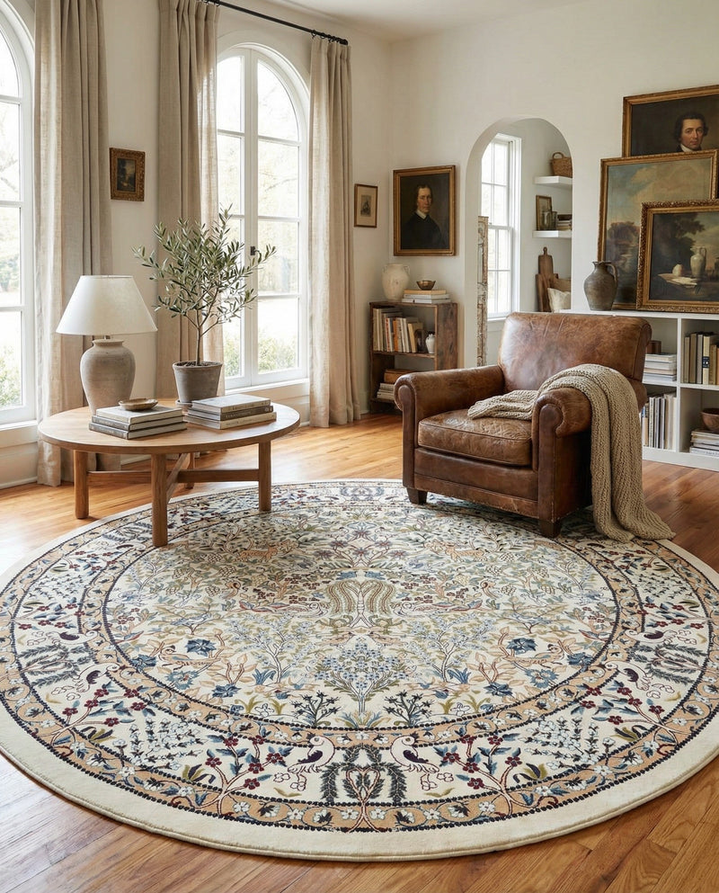 Persian Elegance Collection Area Rug -  Kerman (Ivory) Round Ivory  lifestyle 38