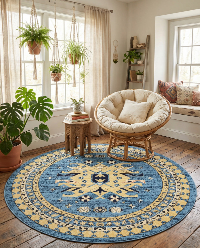 Tabriz Tapestries Collection Area Rug - Azerbaijan (Light Blue) Round Light Blue  lifestyle 57
