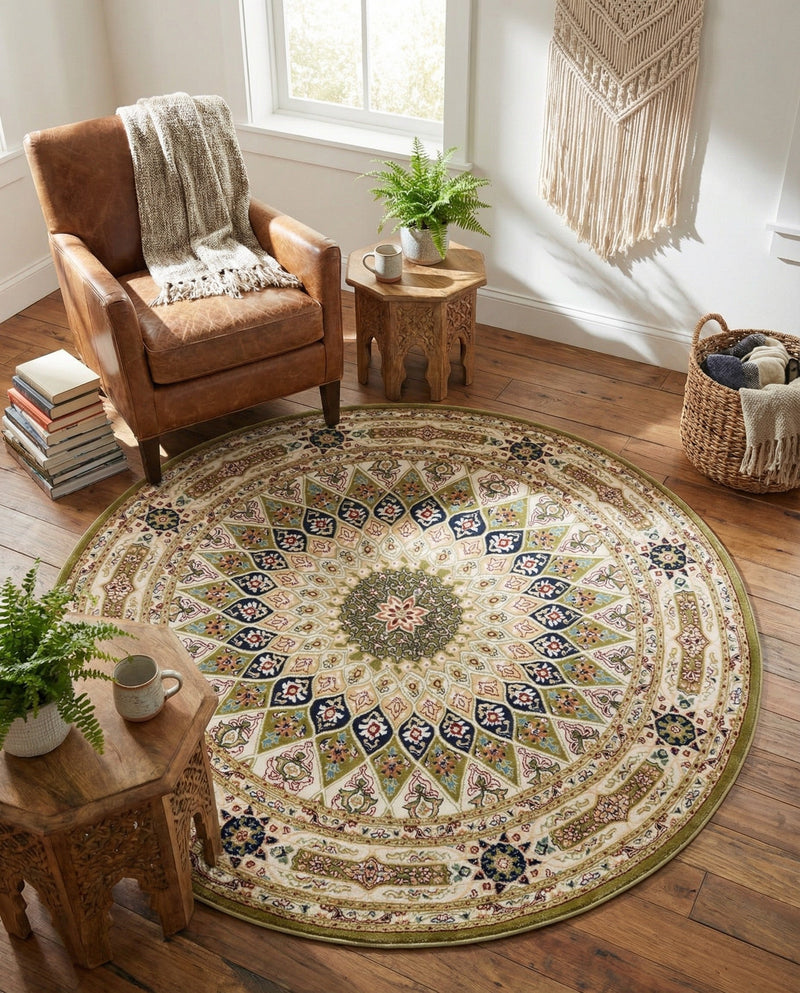 Persian Elegance Collection Area Rug -  Hamedan (Green) Round Green  lifestyle 35
