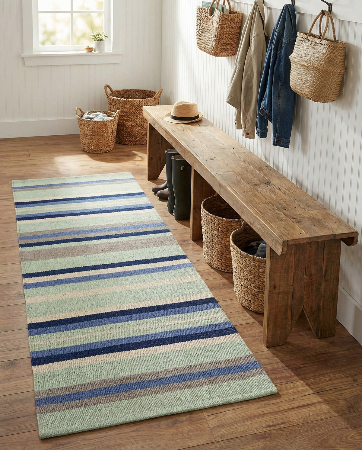 Coastal Stripe Dhurrie Collection Area Rug - Seashore Runner Aqua Blue and Gray  lifestyle 111