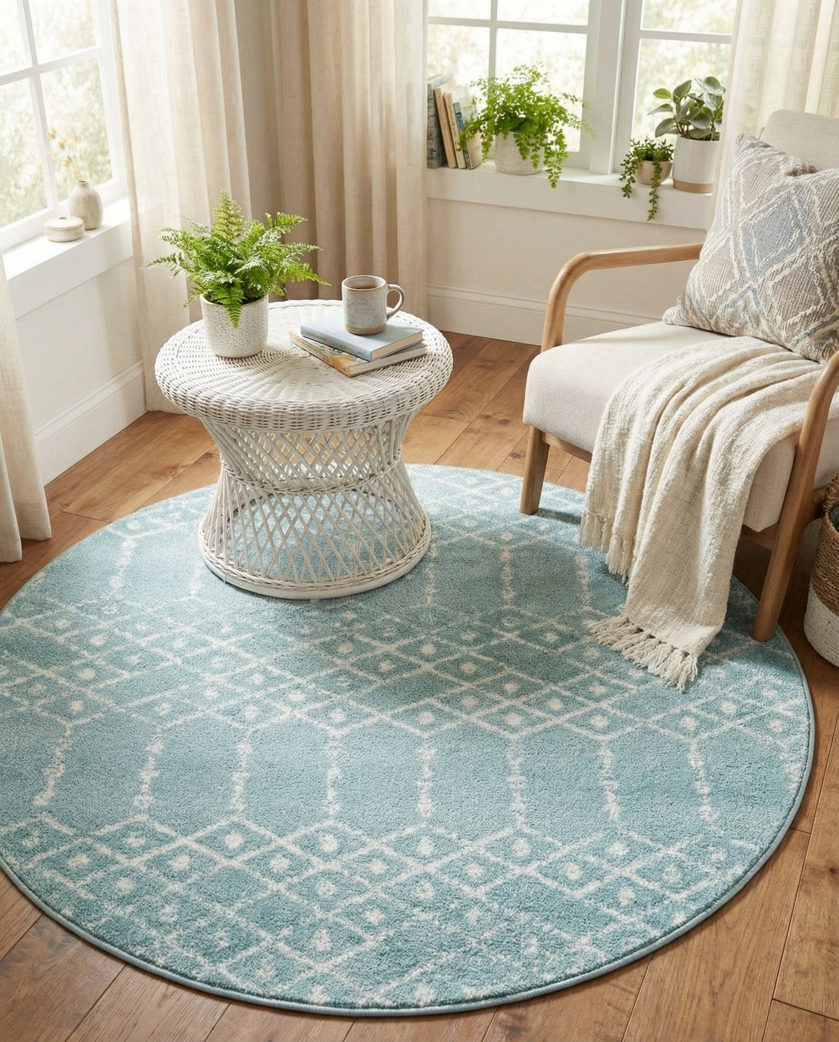 Marrakesh Lattice Collection Area Rug - Casablanca (Aqua) Round Aqua  lifestyle 106