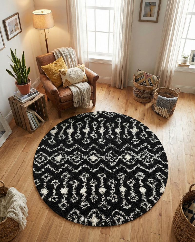 Berber Lattice Shag Collection Area Rug - Atlas (Black and White) Round Black and White  lifestyle 41