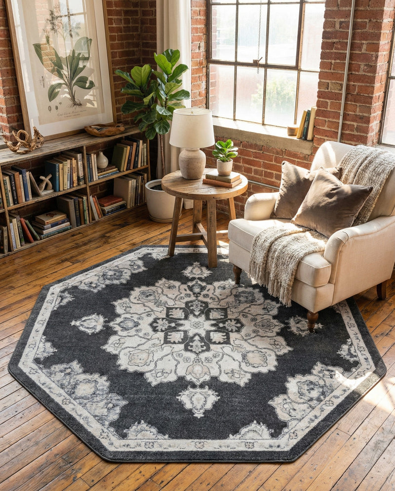 Beverly Grove Collection Area Rug - Melrose (Charcoal) Octagon Charcoal  lifestyle 69