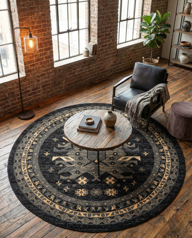 Tabriz Tapestries Collection Area Rug - Azerbaijan (Black) Round Black  lifestyle 56