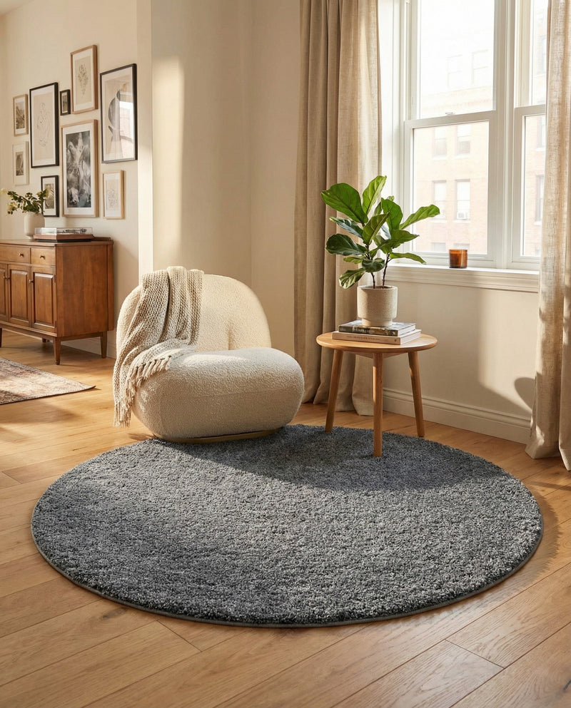 Cozy Comfort Shag Collection Area Rug - Haven (Pebble Gray) Round Pebble Gray  lifestyle 44