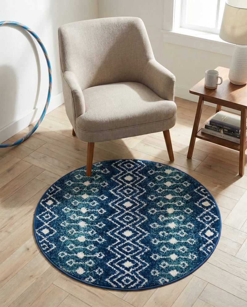 Mediterranean Lattice Collection Area Rug - Santorini (Navy and Teal) Round Navy and Teal  lifestyle 70