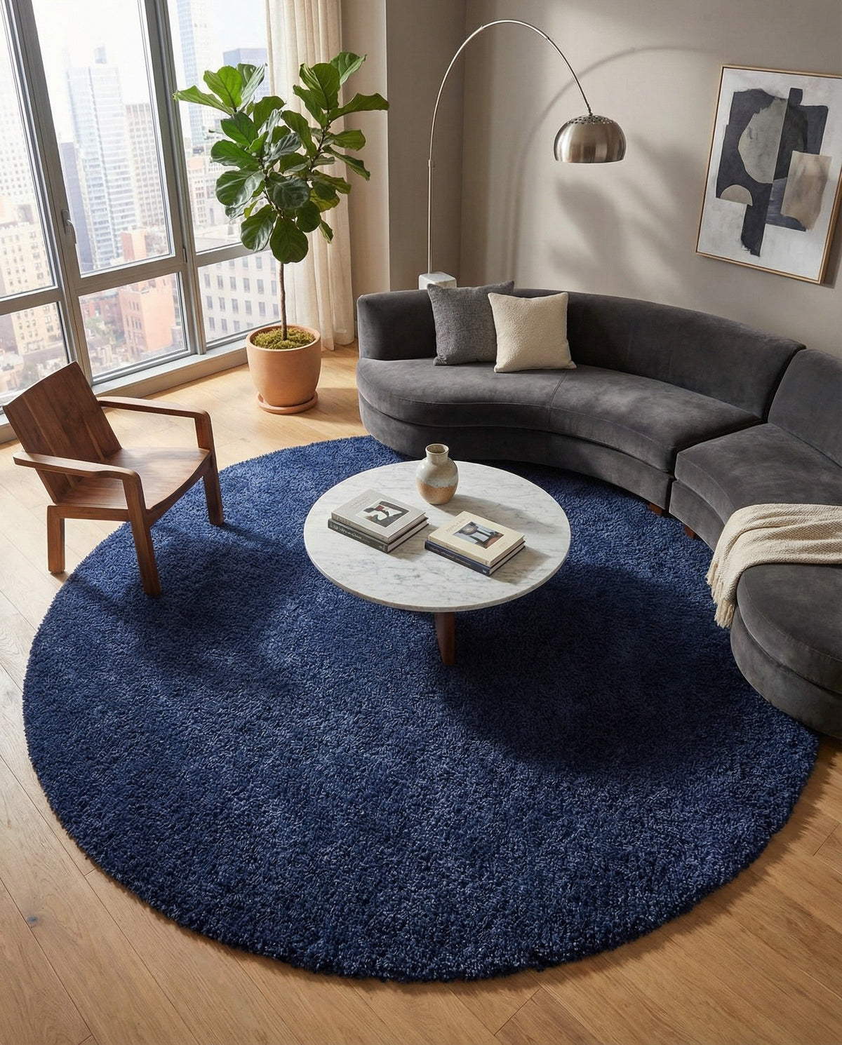 Solid Shag Seaside Collection Area Rug - Azure Cove (Navy Blue) Round Navy Blue  lifestyle 98