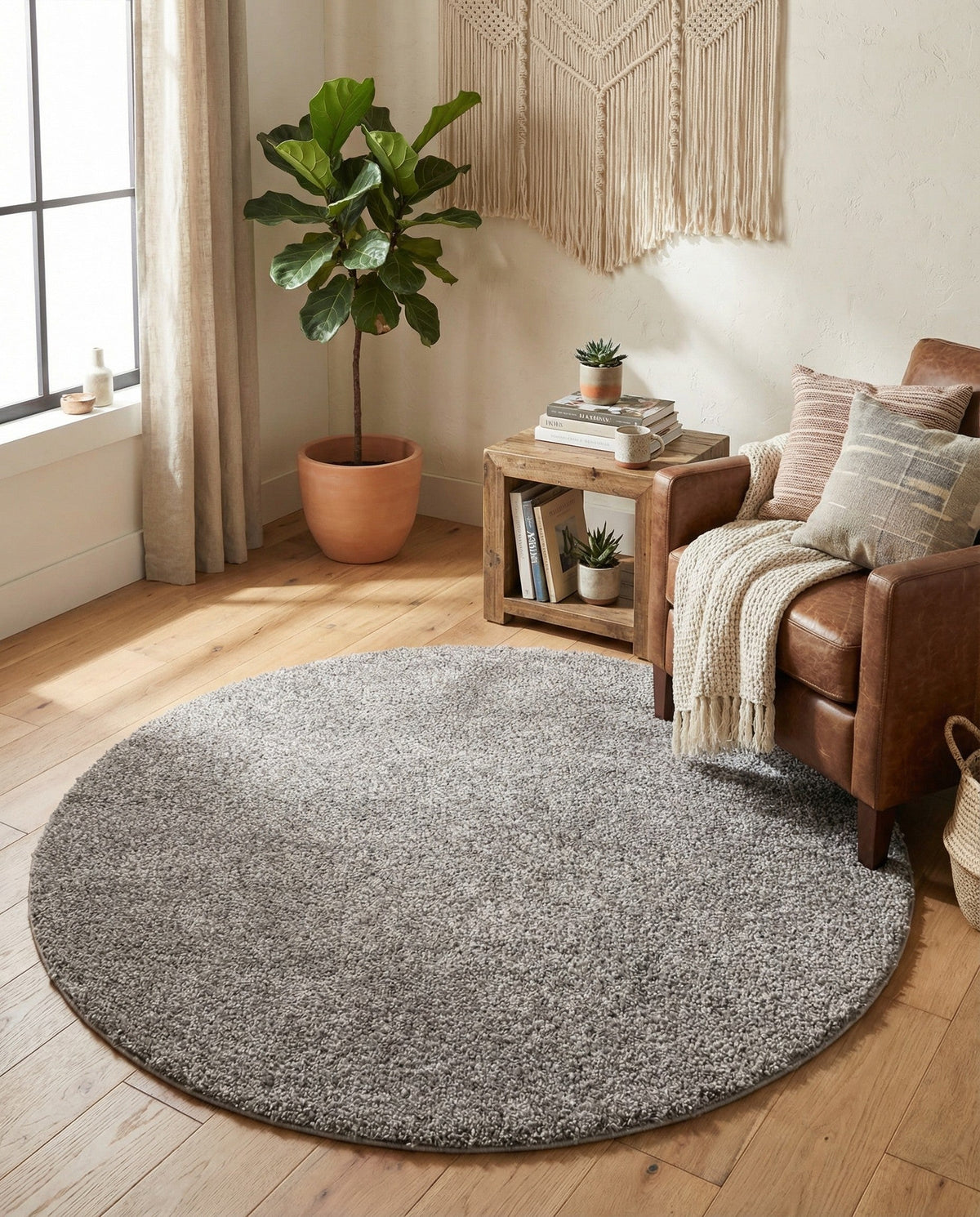 Solid Shag Seaside Collection Area Rug - Azure Cove (Gray) Round Gray  lifestyle 81