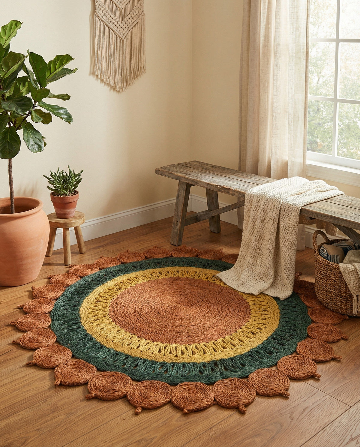 Woven Seaside Jute Collection Area Rug - Coastalhaven (Orange Green Yellow) Round Orange Green Yellow  lifestyle 20