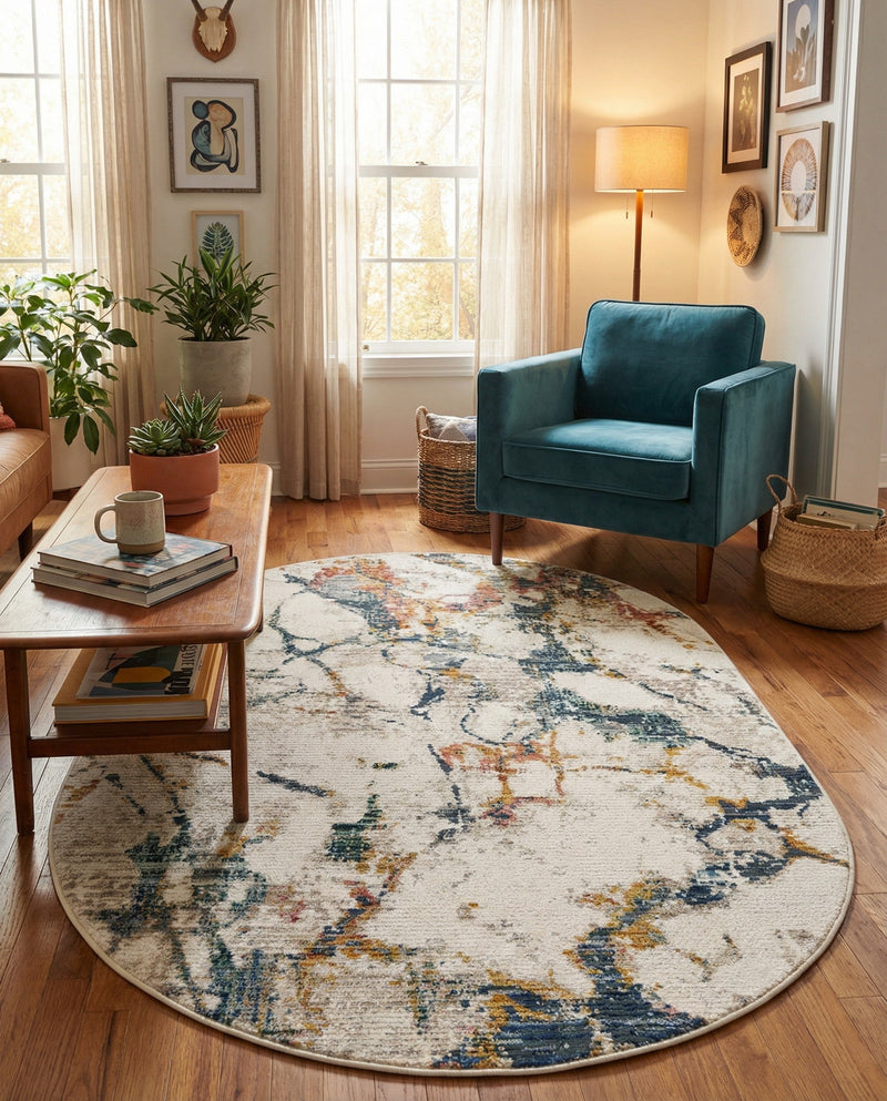 Jewel Oasis Collection Area Rug -  Opaline Oval White Navy  lifestyle 67