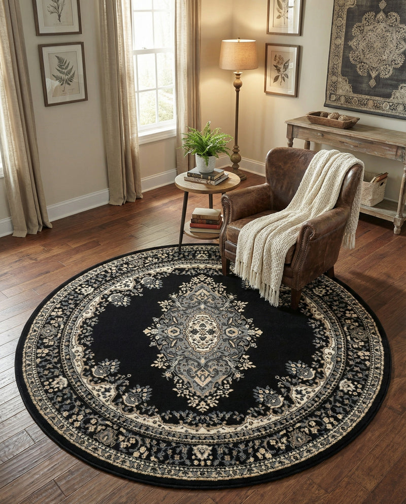Tabriz Tapestry Collection Area Rug - Azerbaijan (Black) Round Black  lifestyle 85