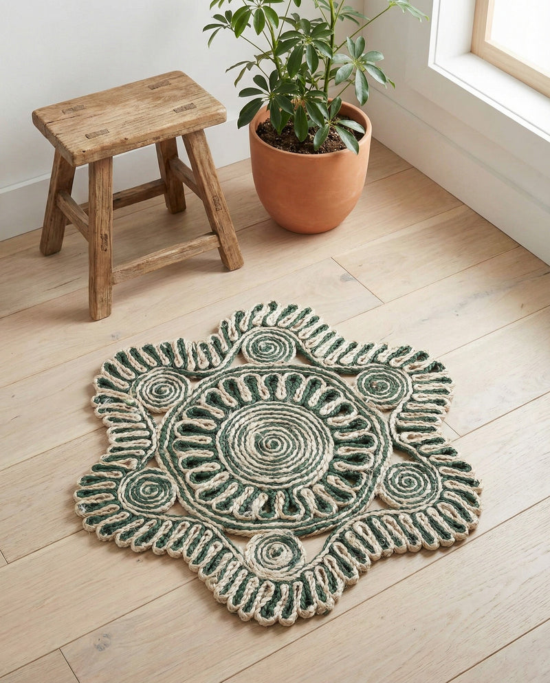 Woven Seaside Jute Collection Area Rug - Nantucket Round Green and White  lifestyle 58