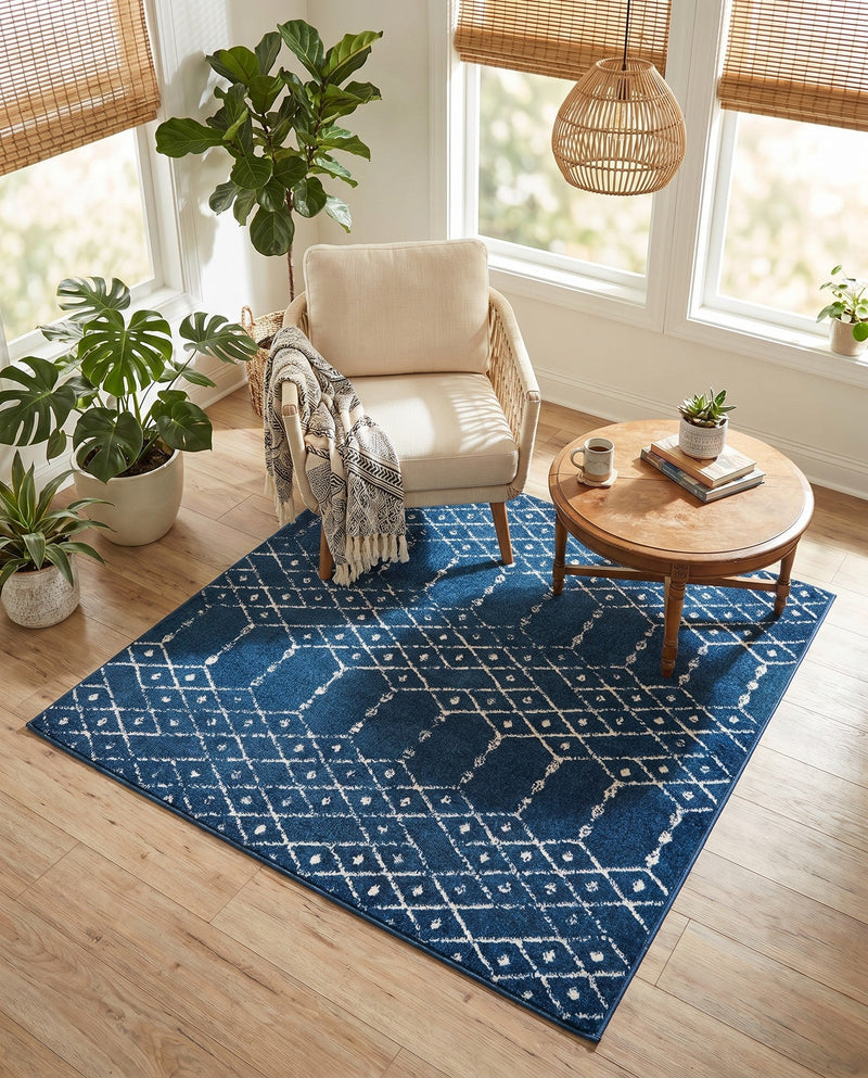 Marrakesh Lattice Collection Area Rug - Casablanca (Navy Blue) Square Navy Blue  lifestyle 77