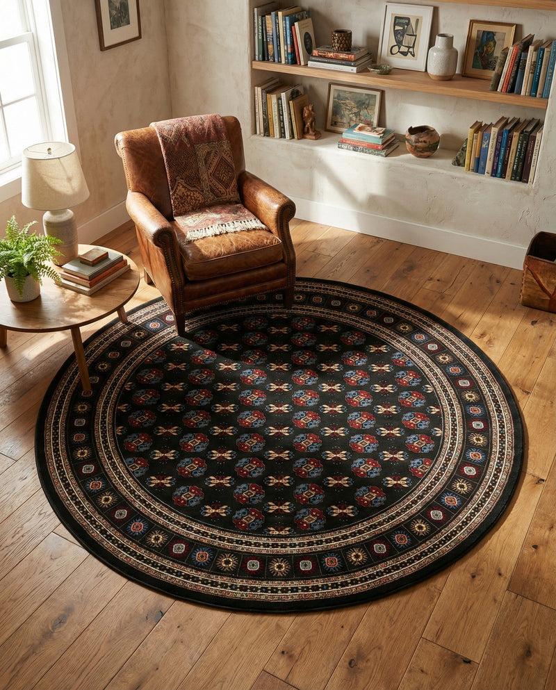 Samarkand Elegance Collection Area Rug -  Margilan (Dark Green) Round Dark Green  lifestyle 79