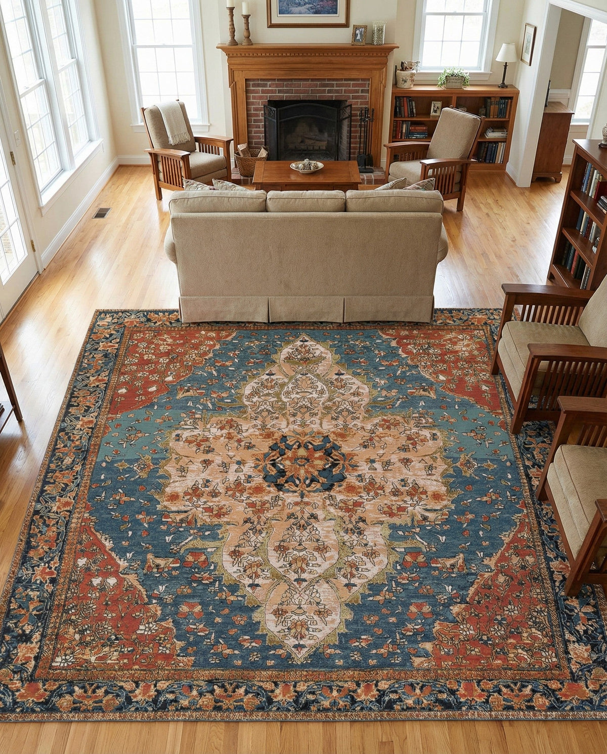 Patio Heritage Collection Area Rug -  Grove Square Navy Blue and Rust Red  lifestyle 70