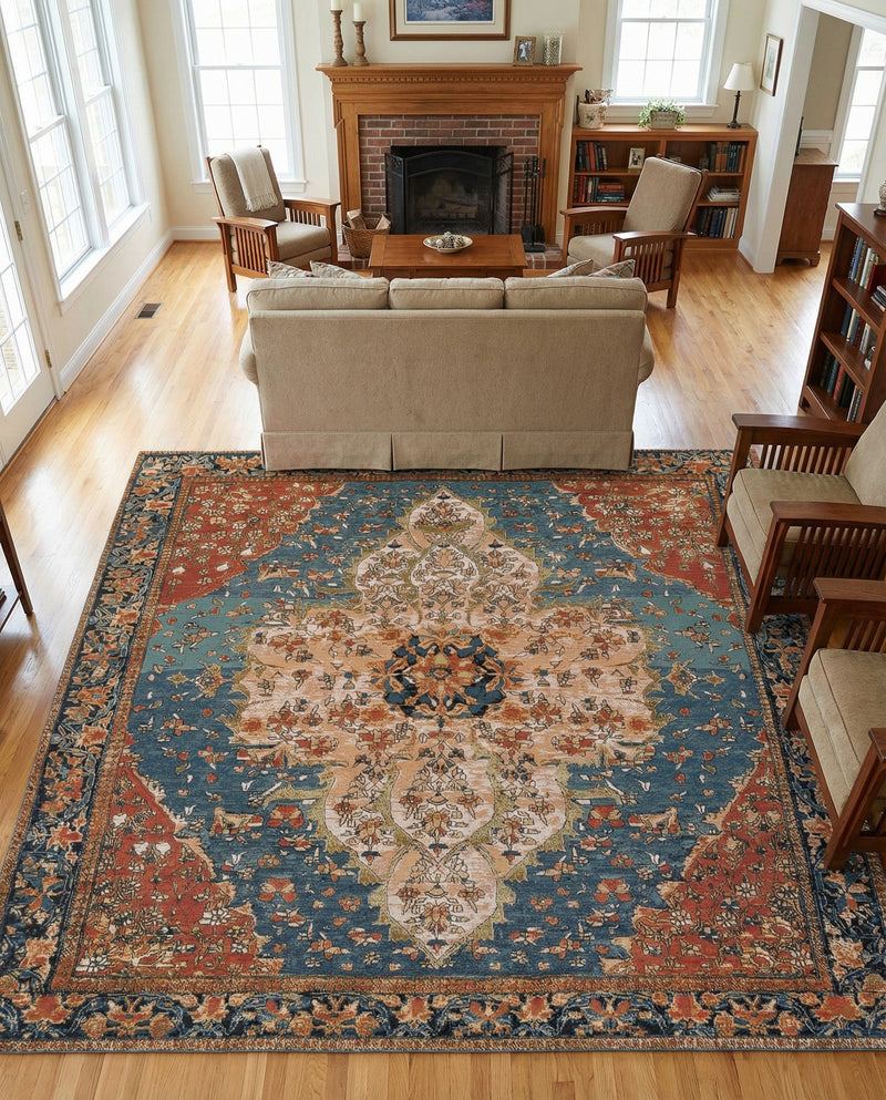 Patio Heritage Collection Area Rug -  Grove Square Navy Blue and Rust Red  lifestyle 70