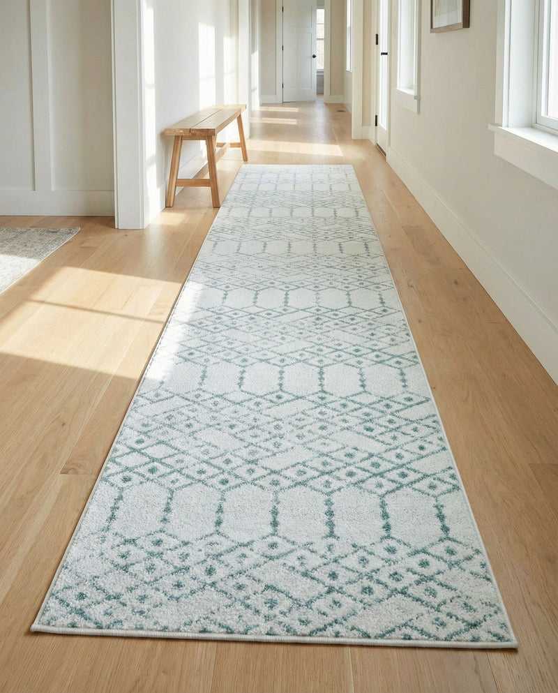 Marrakesh Lattice Collection Area Rug - Casablanca (Ivory Aqua) Runner Ivory Aqua  lifestyle 46