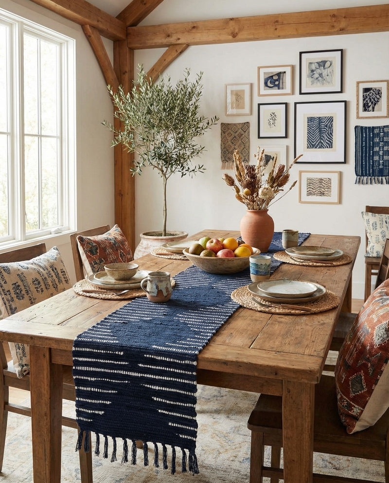 Thar Cotton Collection Area Rug - Jaisalmer (Navy Blue) Table Runner Navy Blue  lifestyle 63