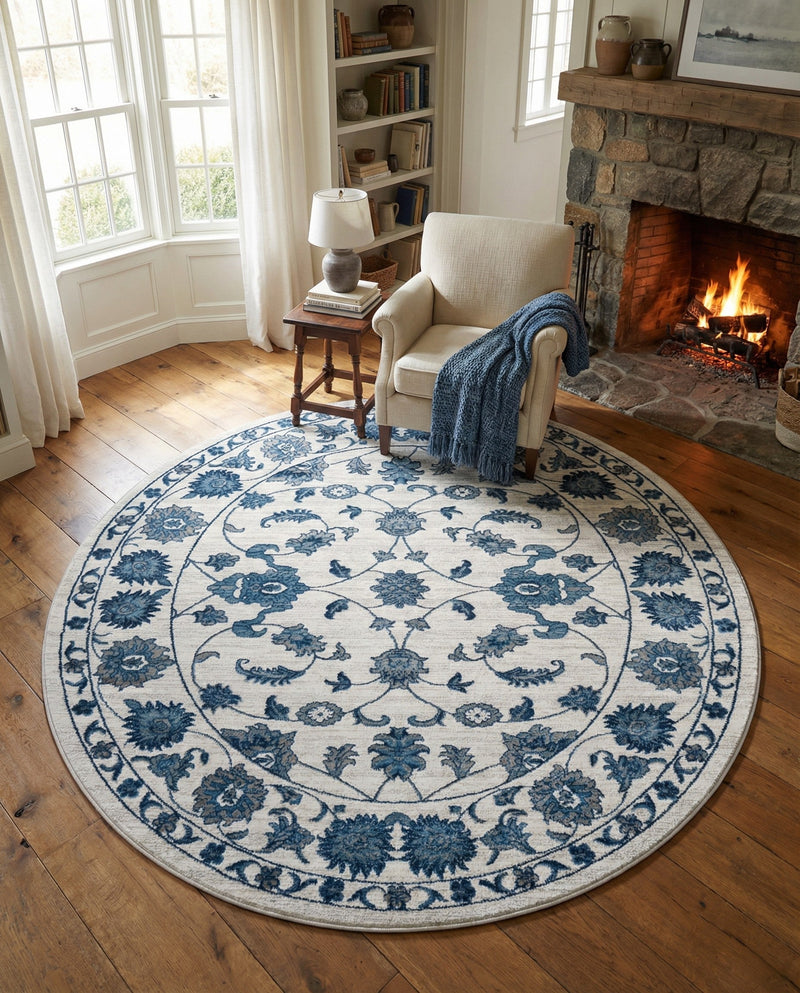 Charleston Elegance Collection Area Rug -  Seaport (White Blue) Round White Blue  lifestyle 38