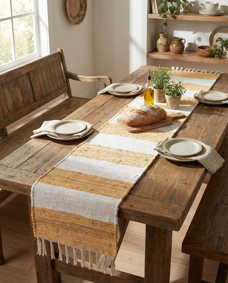 Tassel Trail Collection Area Rug - Pathway (Beige) Table Runner Beige  lifestyle 31