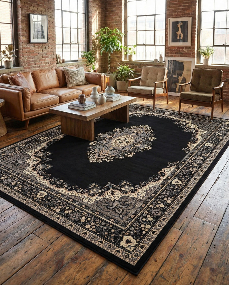 Tabriz Tapestry Collection Area Rug - Azerbaijan (Black) Rectangle Black  lifestyle 13