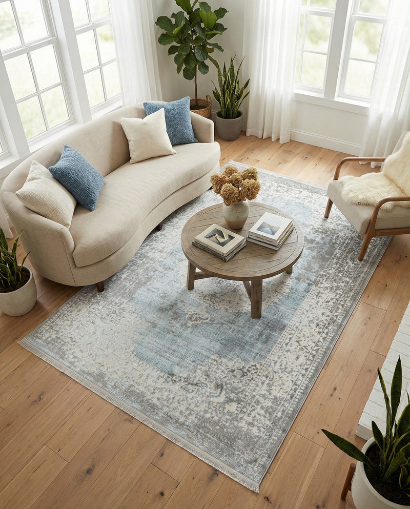 Rustic Charm Revival Collection Area Rug -  Meadowland Rectangle Light Blue  lifestyle 56