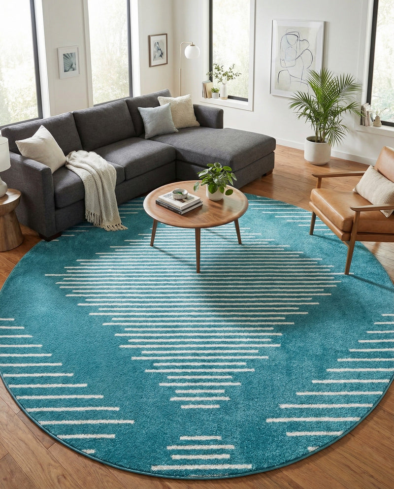 Seychelles Stripes Collection Area Rug - Mahe (Turquoise) Round Turquoise  lifestyle 40