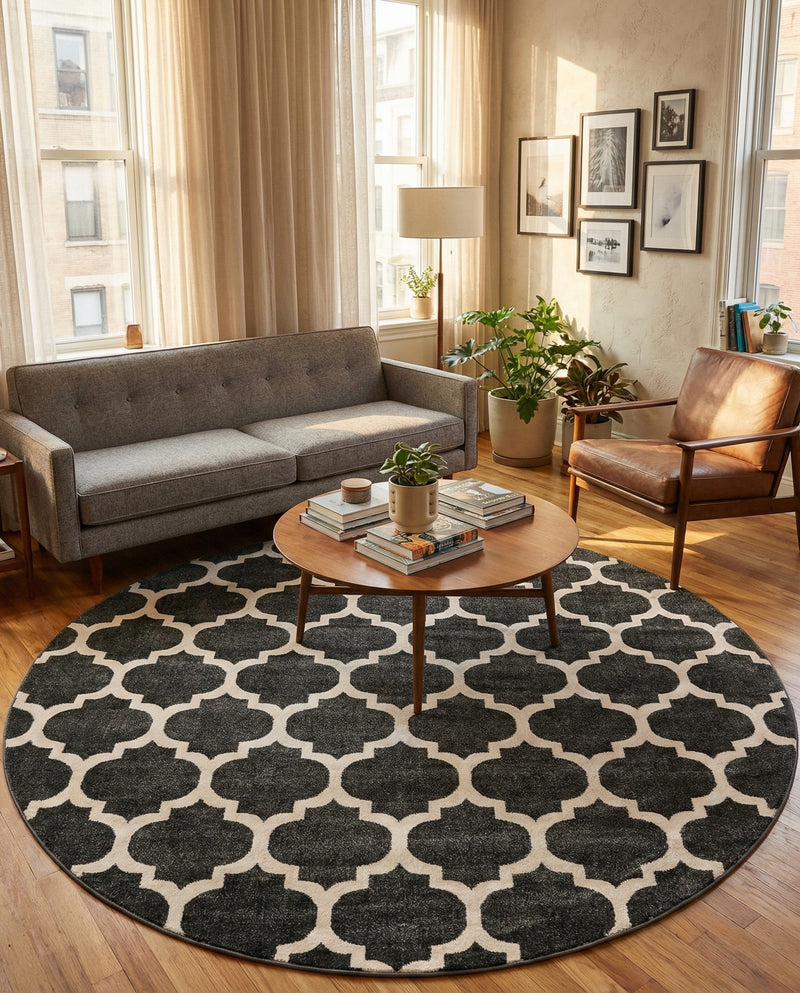 Lattice Gardens Collection Area Rug -  Bloomfield (Black) Round Black  lifestyle 64