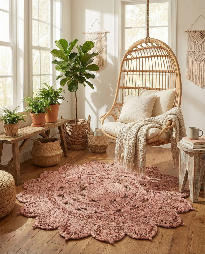 Woven Seaside Jute Collection Area Rug - Coastalhaven (Pink) Round Pink  lifestyle 26