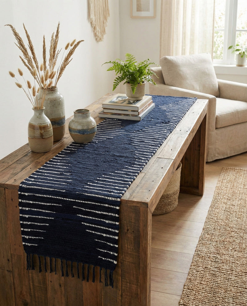 Thar Cotton Collection Area Rug - Jaisalmer (Navy Blue) Table Runner Navy Blue  lifestyle 57