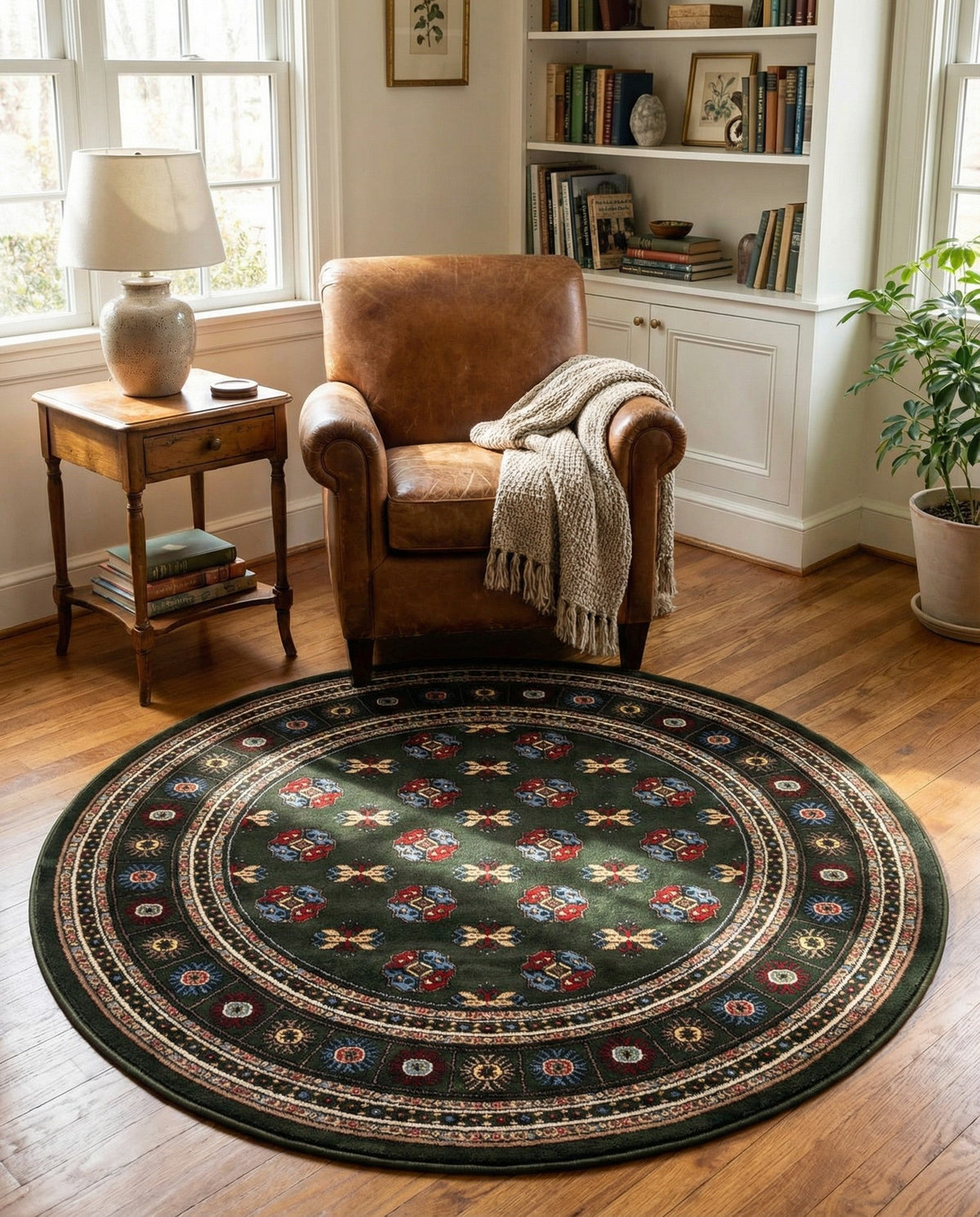 Samarkand Elegance Collection Area Rug -  Margilan (Dark Green) Round Dark Green  lifestyle 75